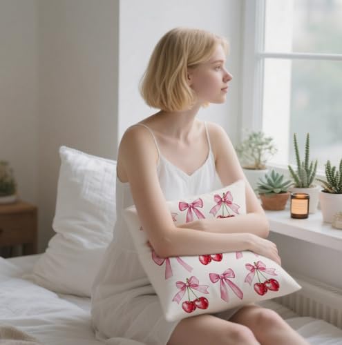 Pink Bow Tie Cherry Pillow Cover - 18x18 Inch Preppy Cushion Case