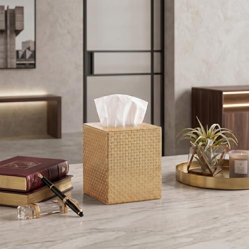 SUNYUROU Square Gold Tissue Box Cover, PU Leather Magnetic Tissue Holder