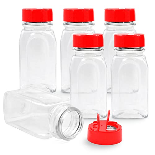 9.5 Oz Plastic Spice Jars with Red Caps - 6 Pack for Herbs & Spices
