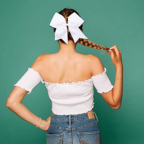 OAOLEER 8-Inch Large White Cheer Bow Ponytail Holder with Elastic Band