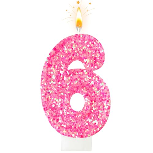 Rose Red Number 6 Birthday Candle – Sparkly Glitter Cake Topper for Girls