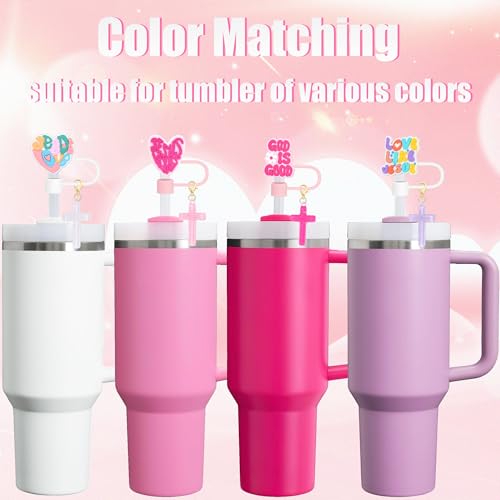 10mm Straw Toppers Set, Pink Jenus Faith Straw Covers Cap with Clip-on Cross Charms for 30oz 40 0z Stanley Tumblers, Cute and Bling Modern Simple Tips Stanley Accessories