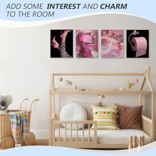 Pink and Black Bathroom Wall Art Prints - Set of 4, 8x10