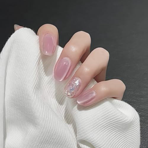 Cat Eye Press On Nails Medium Squoval Nude Pink Acrylic Fake Nails Kit