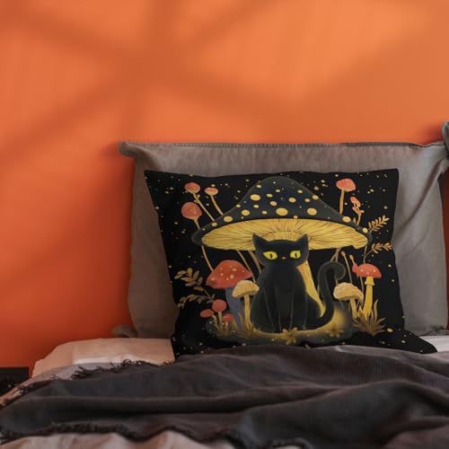 Whimsical Mushroom & Black Cat Pillow Cover - 18x18 Inch Cushion Case for Sofa & Bed