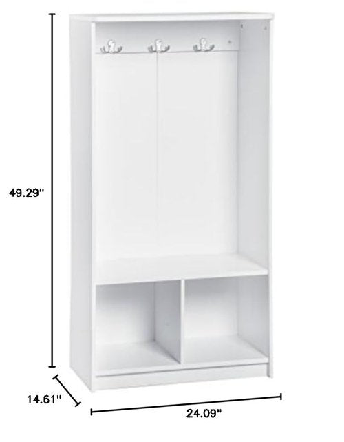 ClosetMaid KidSpace Wood Storage Locker, 2 Cubby Cube Compartments, Open Storage, 3 Hooks, for Coats, Backpacks, Jackets, White Finish