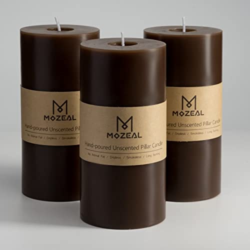 Unscented Brown Pillar Candles Set of 3 - 3x6 Inch, Long Burn Time, Rustic Decor