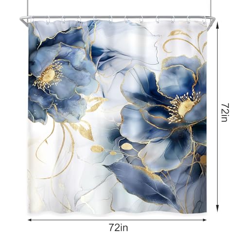 Navy Marble Floral Shower Curtain Set with Bath Mats - 4 Pieces