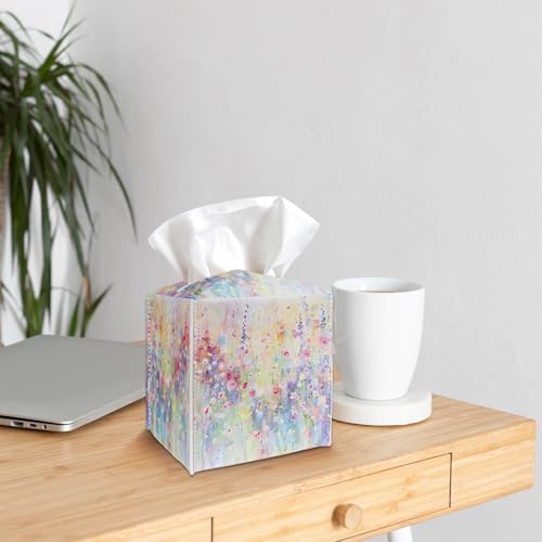 Colorful Flowers Square Tissue Box Cover - PU Leather Holder with Velcro