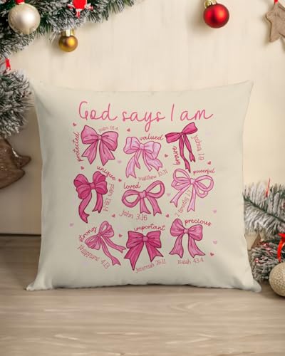 God Says I Am Pillow Cover 18x18 – Cute Pink Christian Cushion