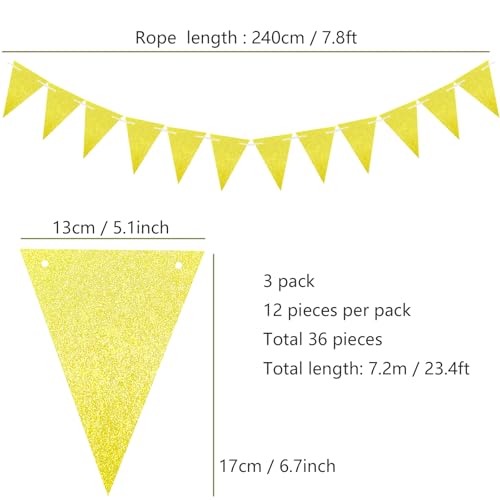 Gold Glitter Pennant Banner Flags - 36 Pcs Triangle Decorations