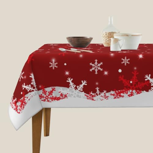 Christmas Tablecloth Square 54x54 Inch Red Snowflake Water-Resistant Fabric Holiday Decor Variation of White Red Snowflake