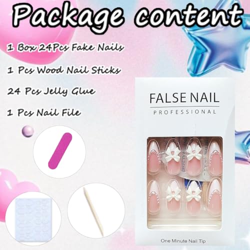 Almond Press on Nails - French Tips with Cute Bow Charms, Nude Pink Acrylic