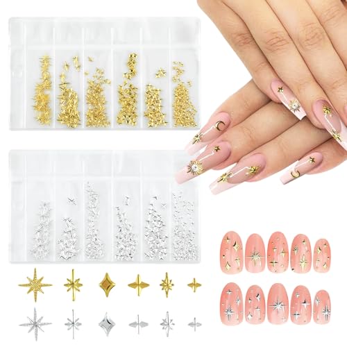 ABEJFIC 400Pcs 3D Gold and Silver Star Nail Charms Metallic Studs