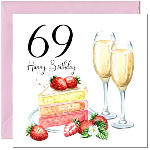 69th Birthday Card for Women - Strawberries & Cake Design with Pink Envelope