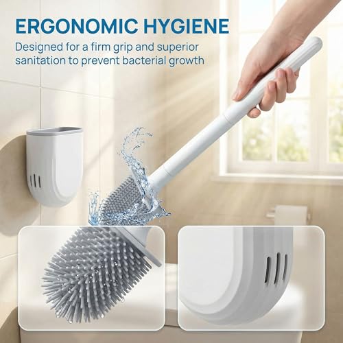 Thaibna White RV Silicone Toilet Brush with Holder - Wall-Mounted, Anti-Drip, Compact Bathroom Cleaner