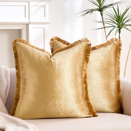 KWLET Gold Velvet Throw Pillow Covers Set of 2 18x18 Inches with Tassels - Boho Modern Home Decor