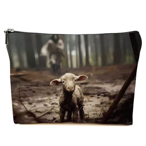 Christian Jesus and Lamb Makeup Bag Linen Spiritual Travel Pouch