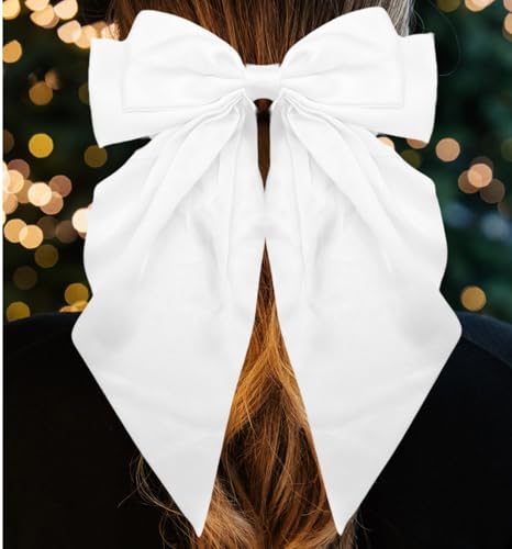 MDSTYLE Large Silky Satin Hair Bow Clip - White Oversized Ribbon