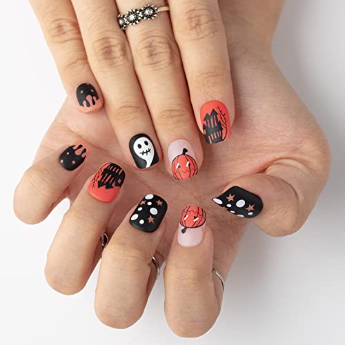 Acenail Matte Orange & Black Skull Press on Nails Halloween Acrylic False Nails 24Pcs