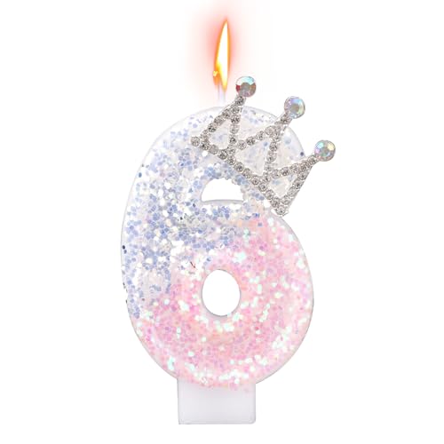 Lasuroa Pink and Silver Crown Number 6 Birthday Cake Candle