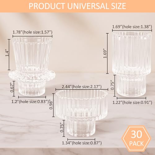30 Pack Clear Glass Candle Holders - Reversible Taper & Tea Light Set