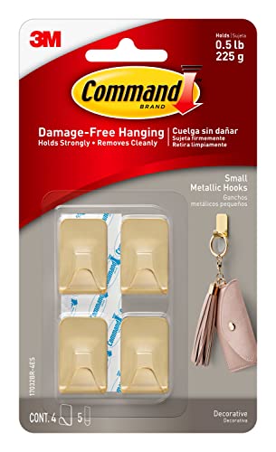 Command Small Brass Decorative Hooks, Damage-Free Adhesive Wall Hooks, 4 Pack