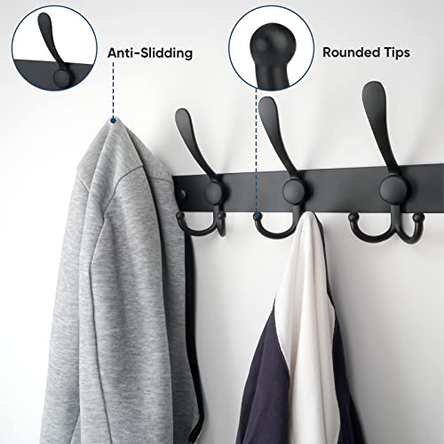 TICONN Wall Mounted Coat Rack, 5 Heavy Duty Tri-Hooks - Matte Black