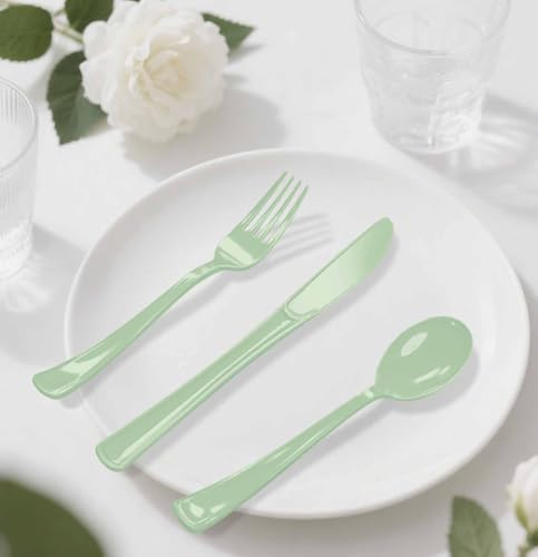 Sage Green Plastic Silverware Set - 75 Pack for 25 Guests