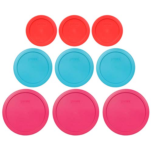Pyrex (3) 7200-PC 2-Cup Red, (3) 7201-PC 4-Cup Surf Blue, & (3) 7402-PC Fuchsia 6/7 Cup Food Storage Replacement Lids - Made in USA