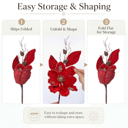 Christmas Magnolia Flower Picks Burgundy 6 Pcs 19-Inch Holiday Decor