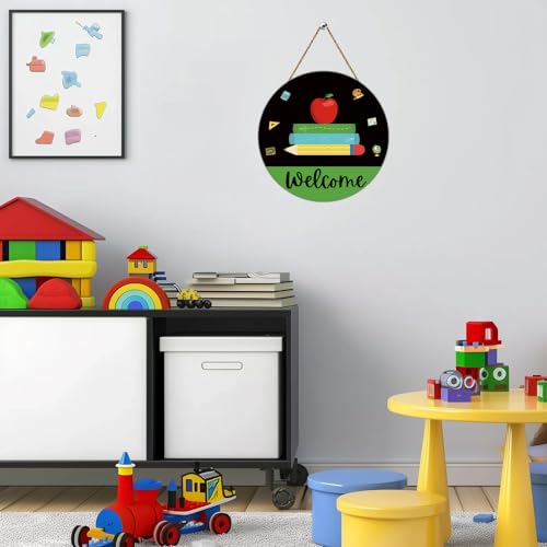YUNKKIN Classroom Welcome Sign - Apple, Books & Pencils Decor for First Day of School