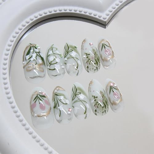 Floral Press On Nails Medium Almond Fake Nails with Pearls