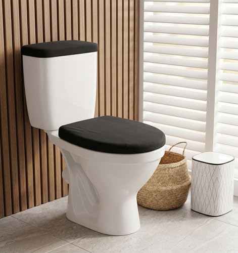 Black Velvet Toilet Seat & Tank Cover Set - Elastic Fit, Washable Bathroom Decor