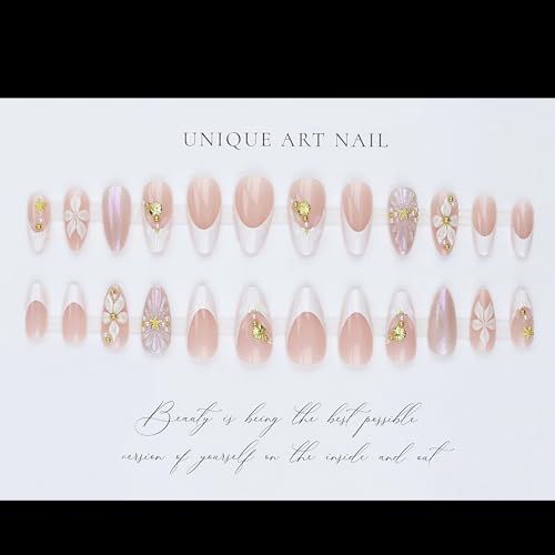 Medium Almond Press on Nails White French 3D Gold Stars Fake Nails 24pcs