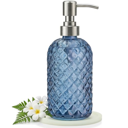 Blue Glass Soap Dispenser with Coaster - 14 Oz Rust-Proof Pump