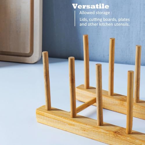 Bamboo Wooden Dish Rack Set of 4 - Space Saver for Plates, Bowls & Lids