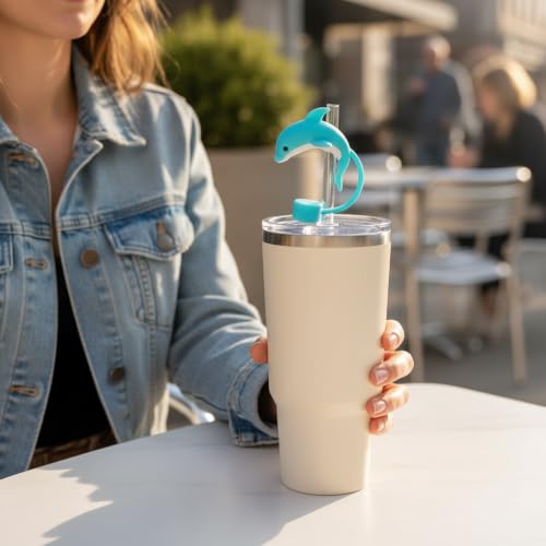 Blue Dolphin Silicone Straw Caps - 10mm Dust-Proof Reusable Lids