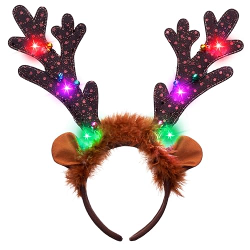 Christmas Light Up Reindeer Headband Set - Cute Holiday Party Favor for Adults & Kids (4 Pack)