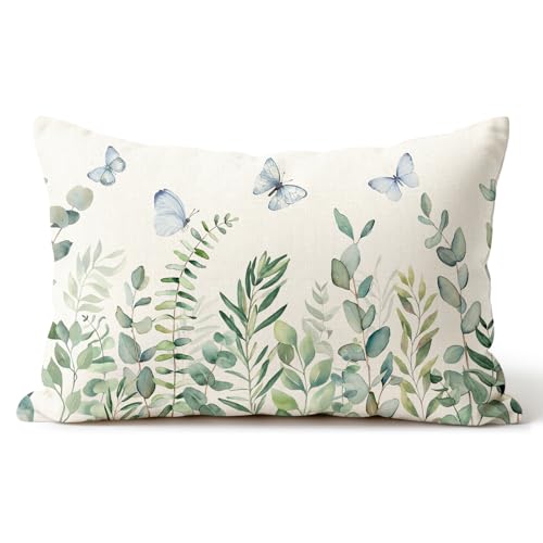 Eucalyptus Floral Butterfly Pillowcase 12x20 Inch | Double-Sided Linen Cushion Cover