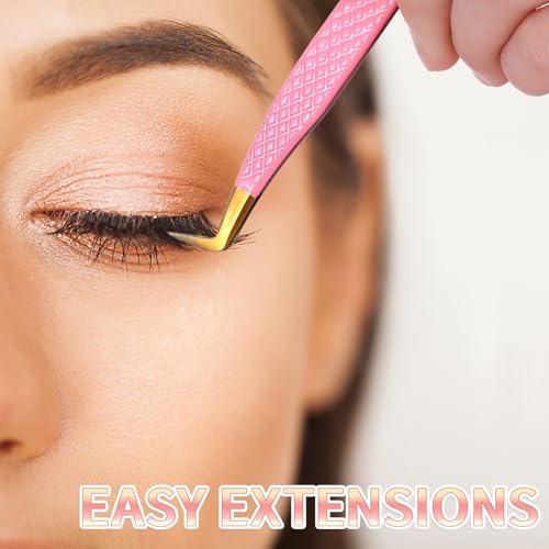 TIESOME Pink Eyelash Extension Tweezers Set - 2 PCS Stainless Steel Curved Precision Lash Application Tools