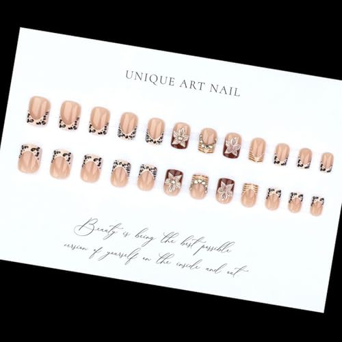 French Tip Press On Nails Short Square Nude Brown Fake Nails