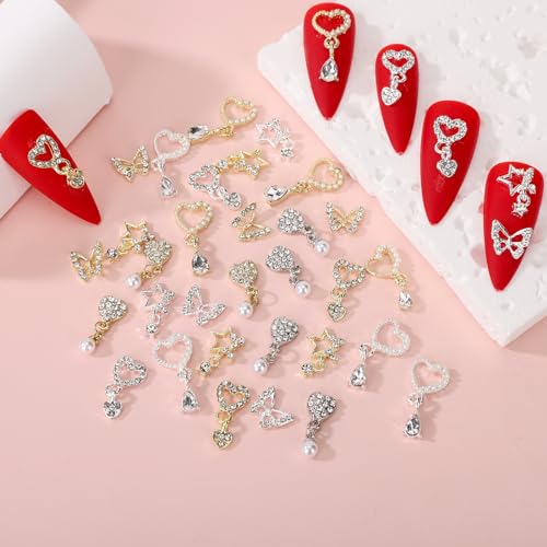 40Pcs Heart & Star Dangle Nail Charms Silver Gold Rhinestone Gems