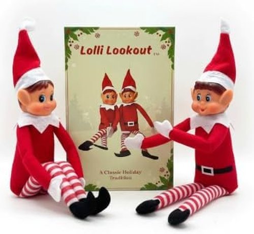 Lolli Lookout™ Christmas Elf Pair - Set of 2 Classic Plush Figurines | 14-Inch Red Holiday Shelf Sitters for Mantel Decor