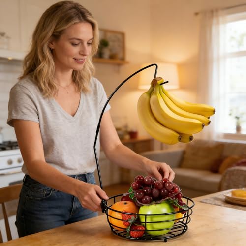Vituney Metal Fruit Basket with Banana Hanger - Rust-Proof Counter Organizer