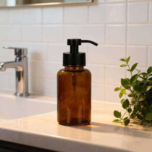 Amber Glass Foam Soap Dispenser with Black Pump - 15 oz