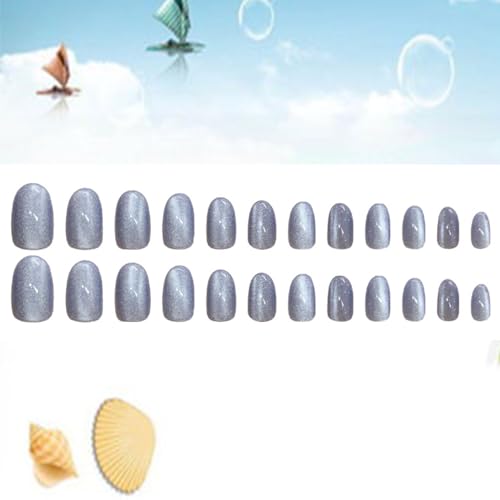 Blue Press on Nails Medium Oval Solid Color Glossy False Nails 24Pcs