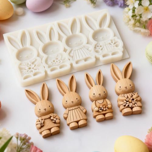 IKOJING 4-Cavity 3D Bunny Silicone Mold for Easter Baking, Chocolate, and Fondant Cake Decorating