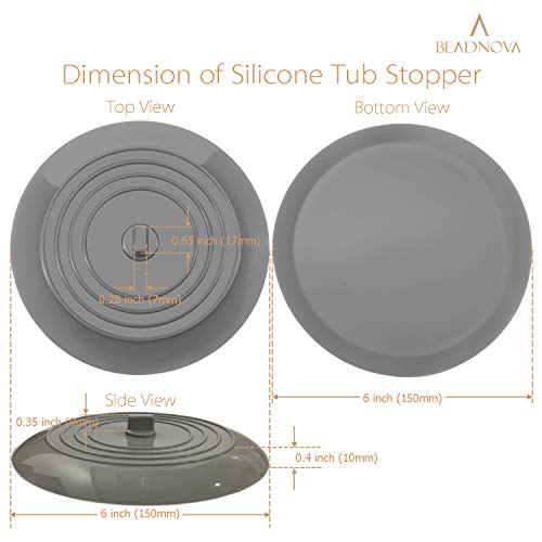BEADNOVA Silicone Bathtub Water Stopper - 6 Inch Drain Plug (2 Pack, Grey)