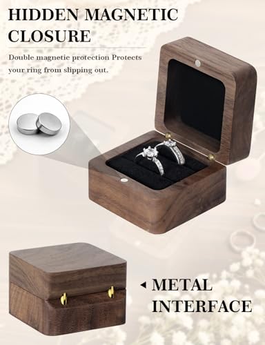 Black Wooden Ring Box - 2 Slot Square Engagement Ring Holder Case